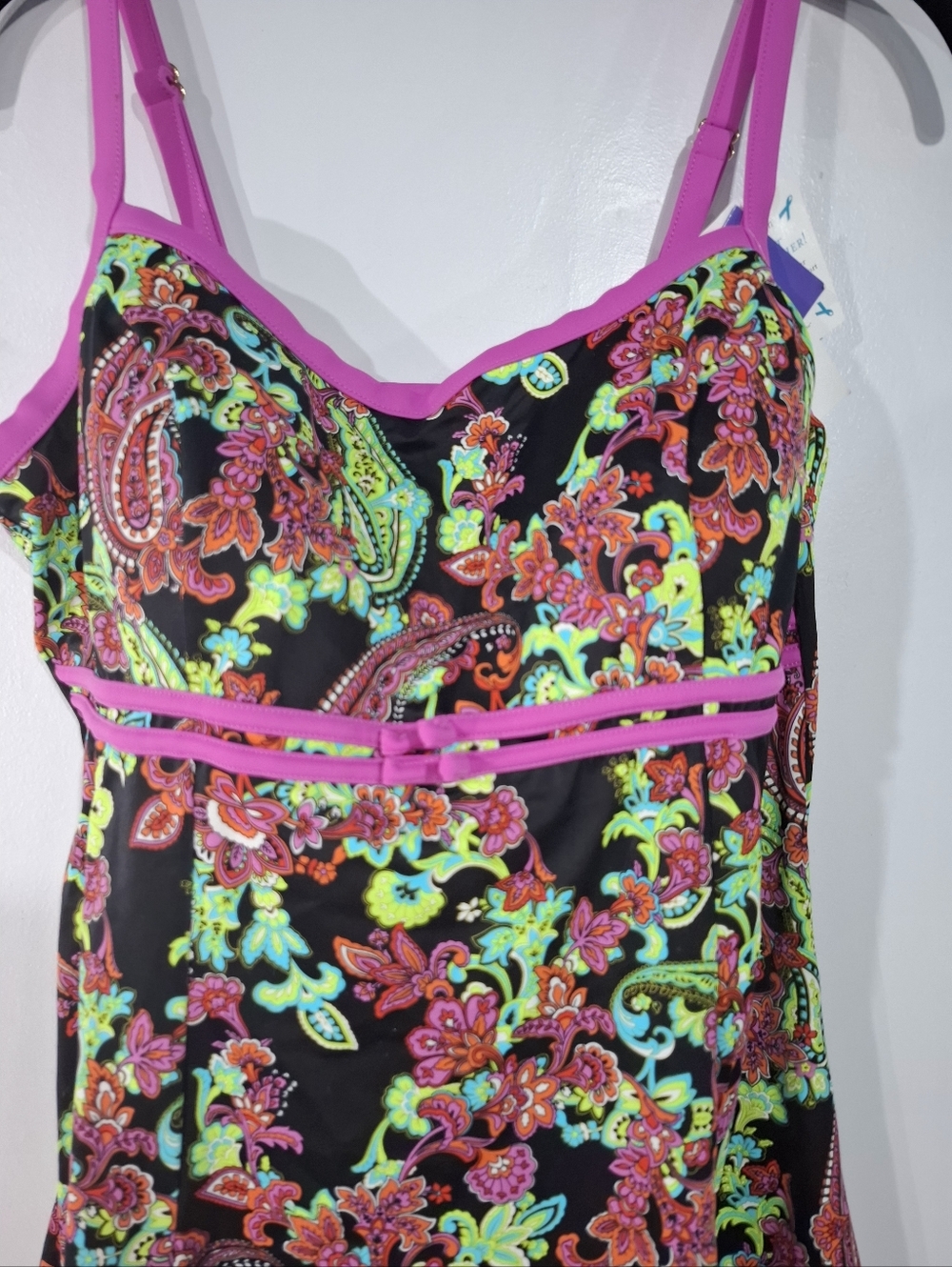 Fit 4U Pink Empire Banded Multicolor Paisley  One Piece Swimsuit Dress Sz 14 NWT - Picture 3 of 9